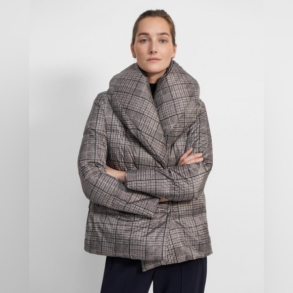 NWT $495 Theory Glen Plaid Shawl Puffer Coat In Gray Melange
